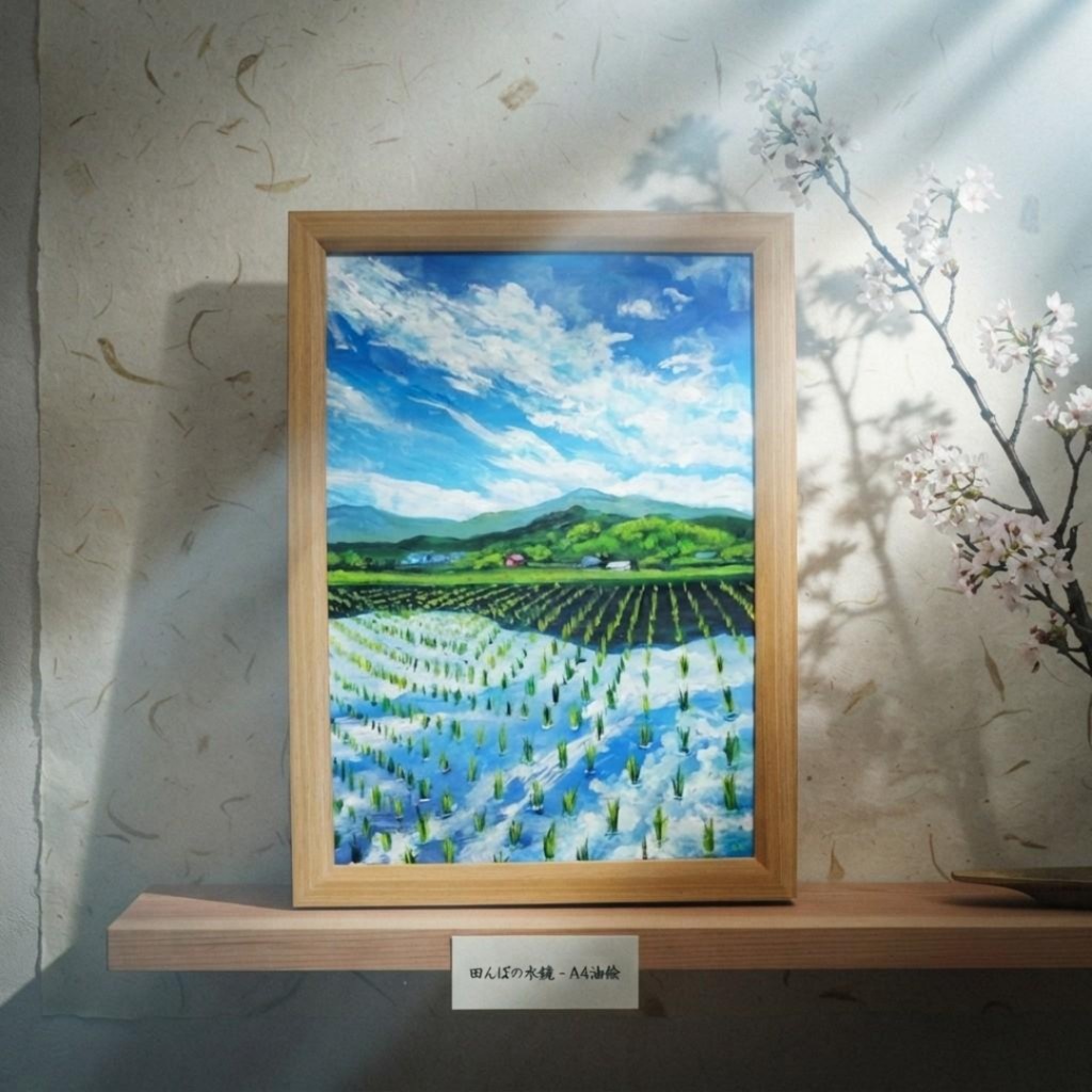 【油彩画 原画】初夏の水鏡 〜きらめく青空と水田〜 A4絵画 田舎の風景 インテリアアート