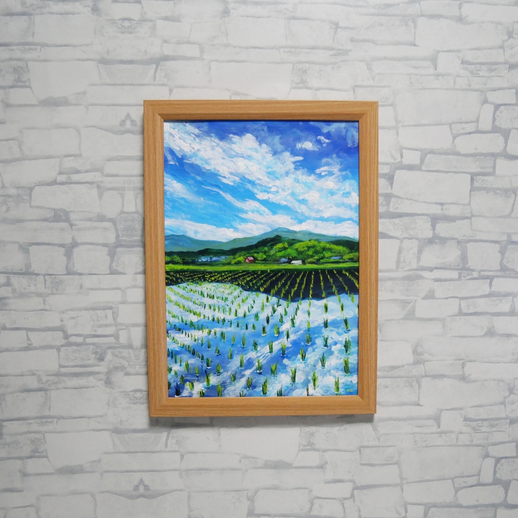【油彩画 原画】初夏の水鏡 〜きらめく青空と水田〜 A4絵画 田舎の風景 インテリアアート