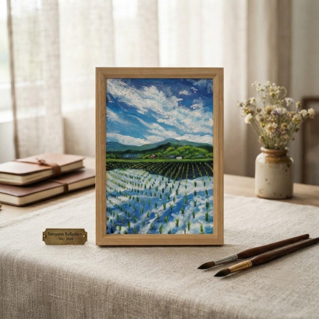 【油彩画 原画】初夏の水鏡 〜きらめく青空と水田〜 A4絵画 田舎の風景 インテリアアート