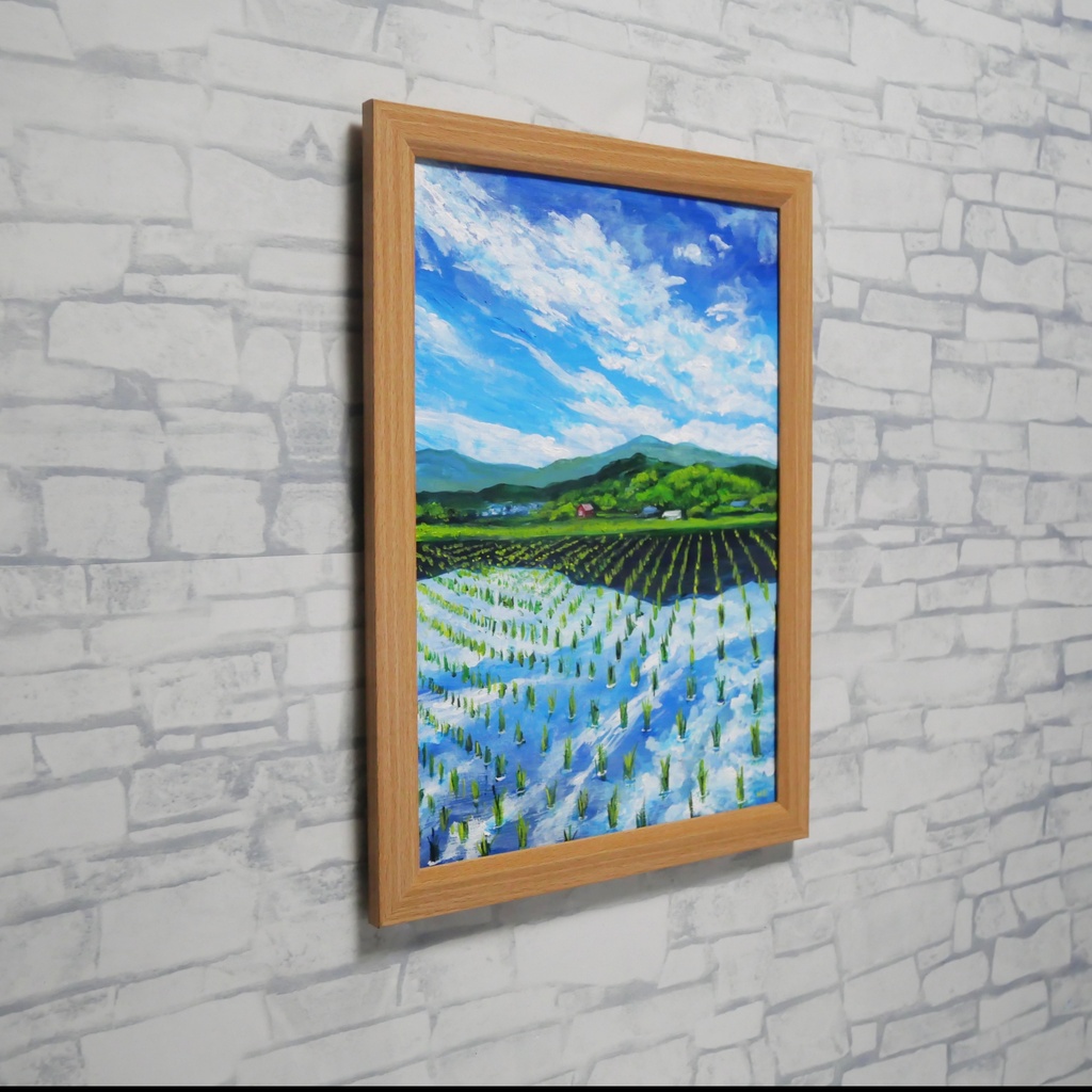 【油彩画 原画】初夏の水鏡 〜きらめく青空と水田〜 A4絵画 田舎の風景 インテリアアート