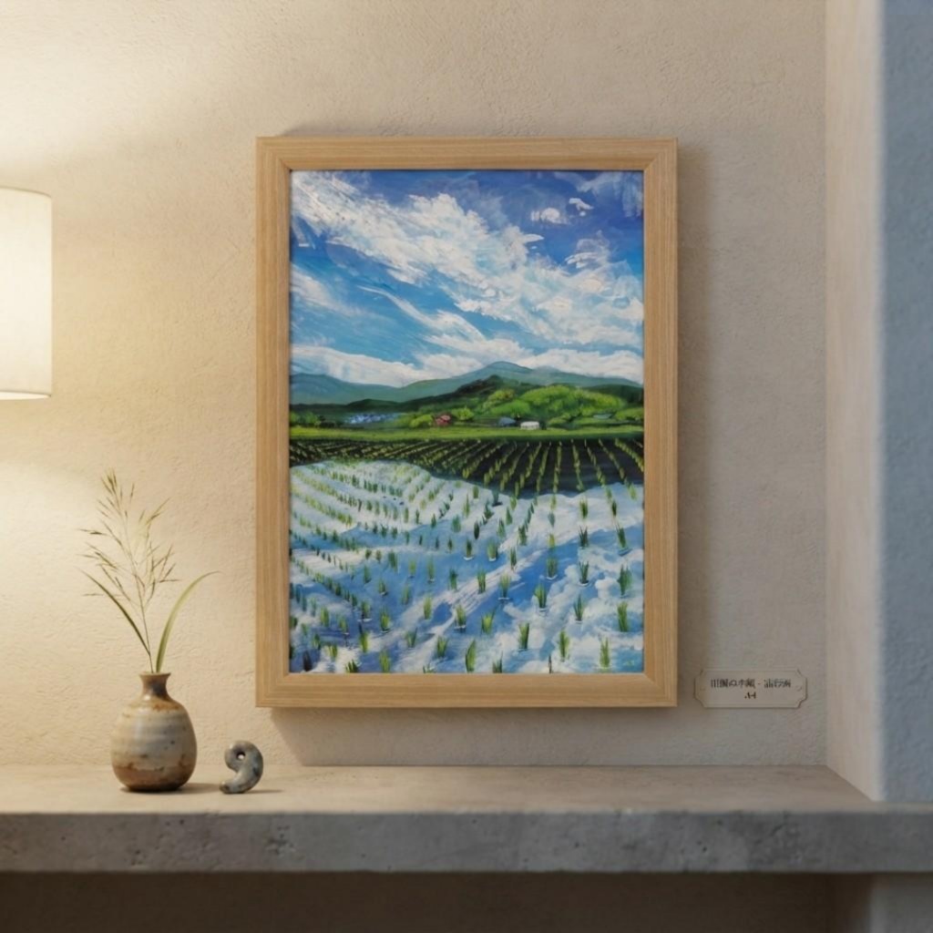 【油彩画 原画】初夏の水鏡 〜きらめく青空と水田〜 A4絵画 田舎の風景 インテリアアート