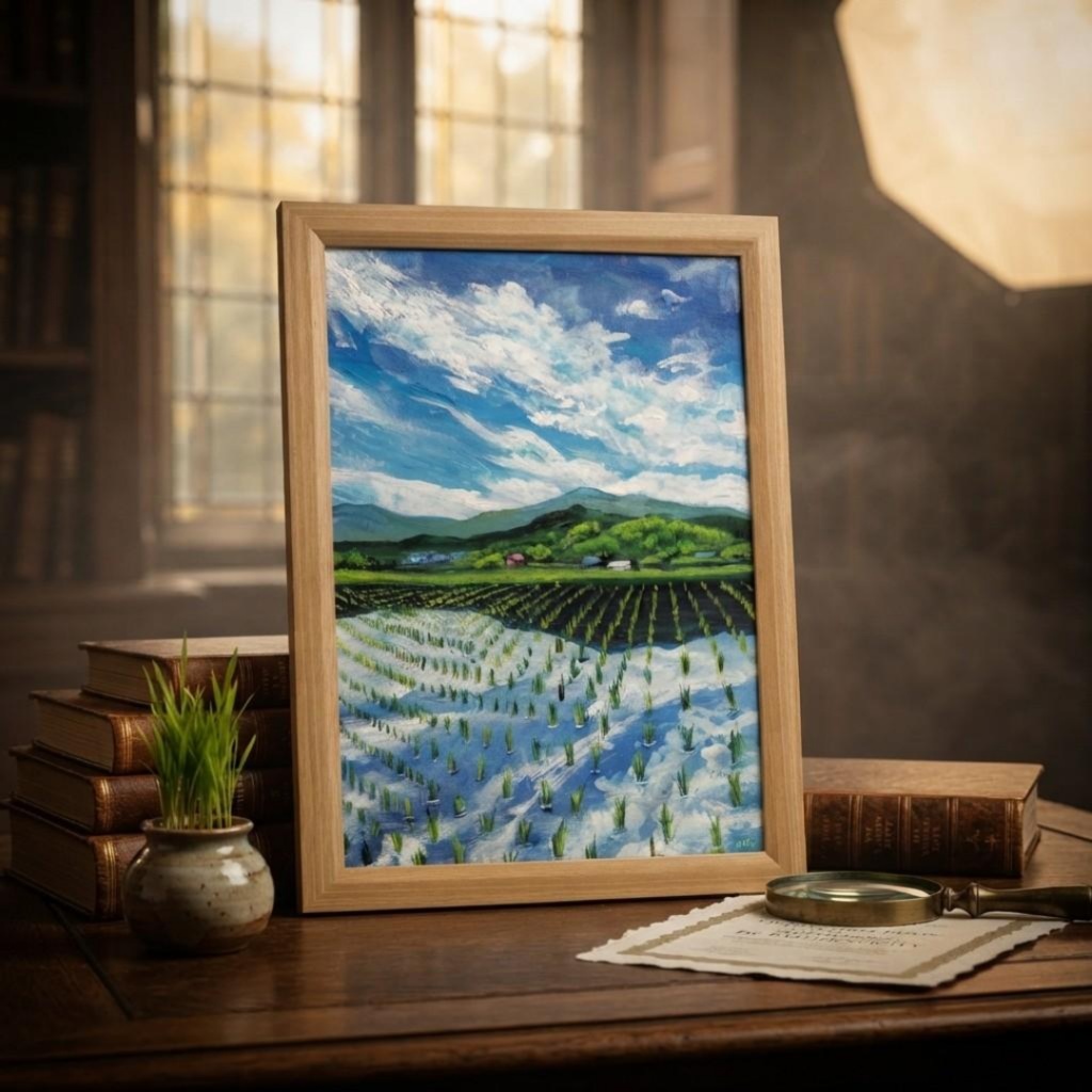 【油彩画 原画】初夏の水鏡 〜きらめく青空と水田〜 A4絵画 田舎の風景 インテリアアート　　