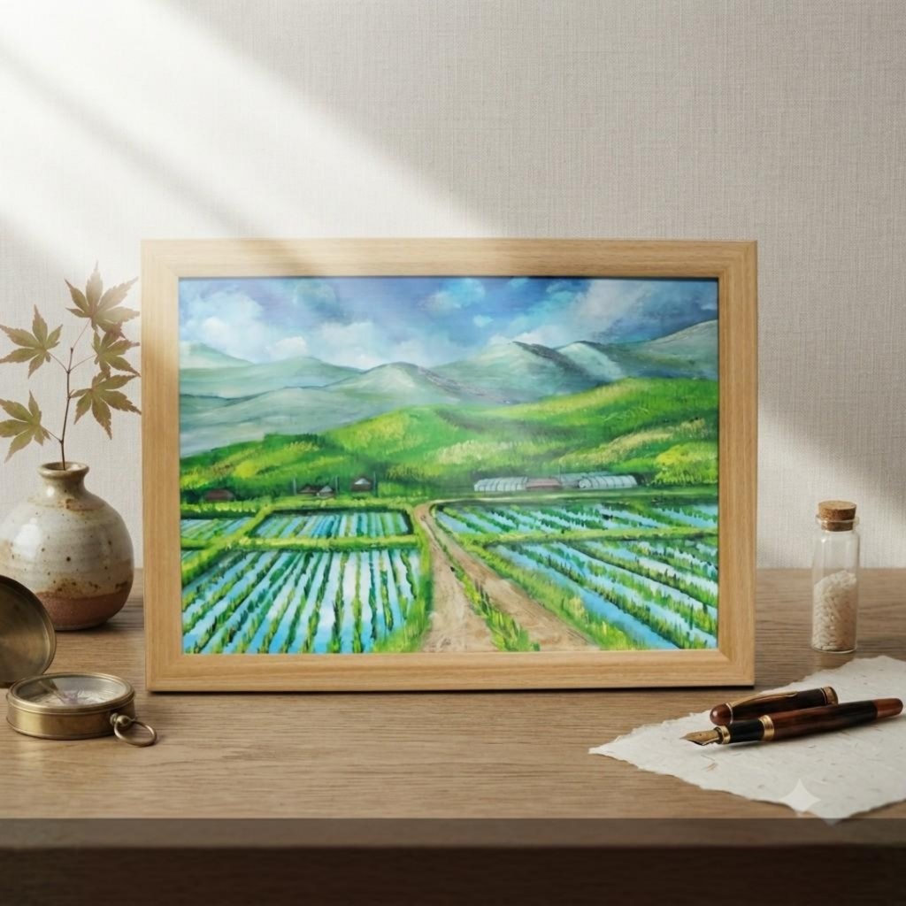 【油絵・原画】郷愁の水鏡(額縁付き)/ノスタルジー・日本の夏・田舎の風景