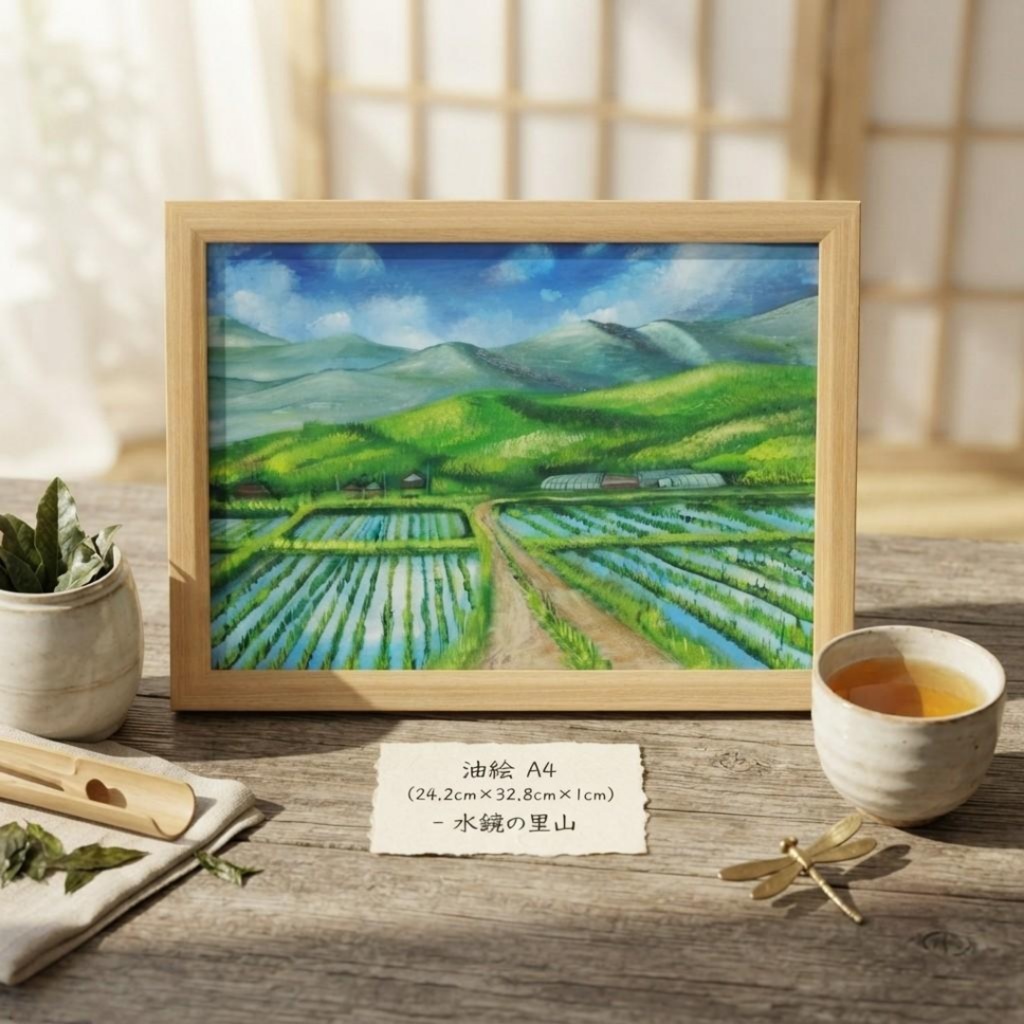 【油絵・原画】郷愁の水鏡(額縁付き)/ノスタルジー・日本の夏・田舎の風景