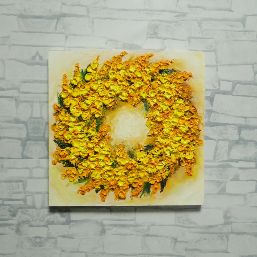 油絵 原画「黄金の記憶、光の輪」ミモザ リース 絵画 花 インテリアアート