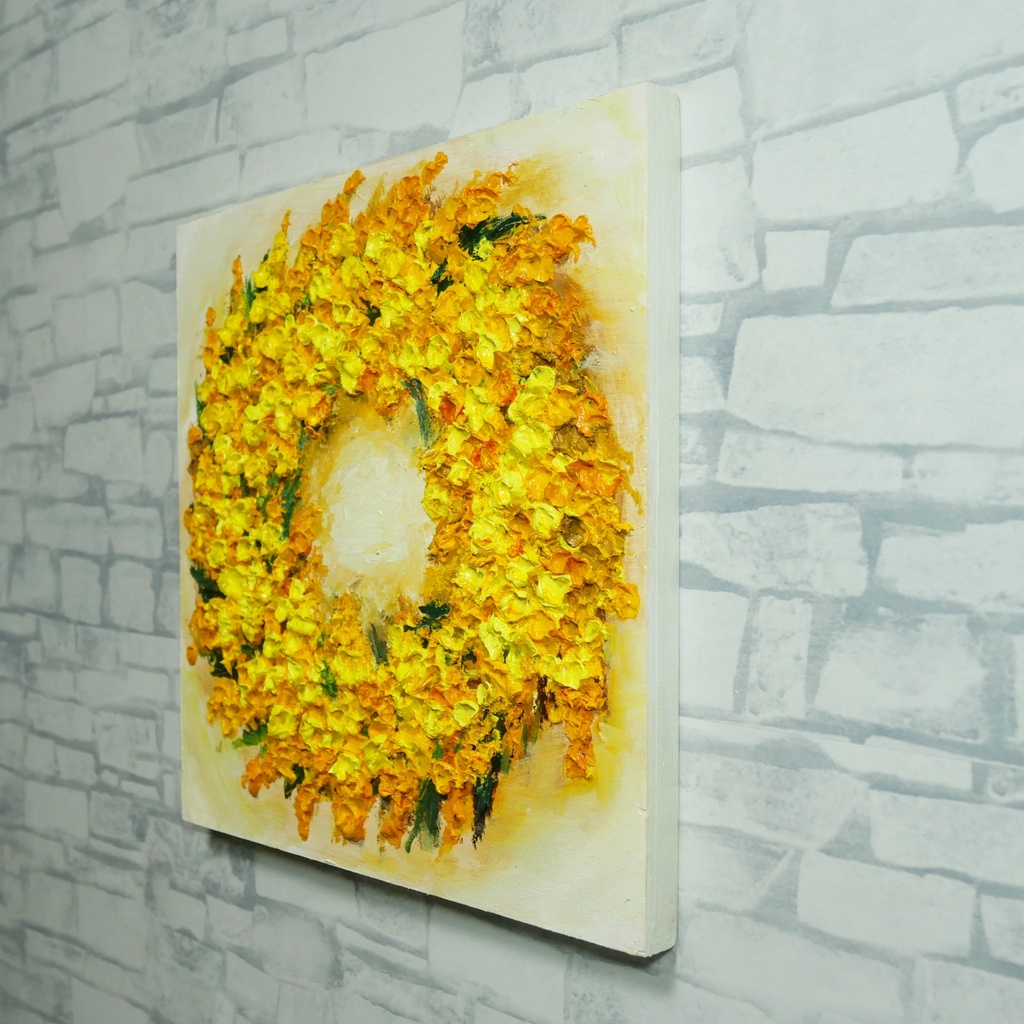 油絵 原画「黄金の記憶、光の輪」ミモザ リース 絵画 花 インテリアアート