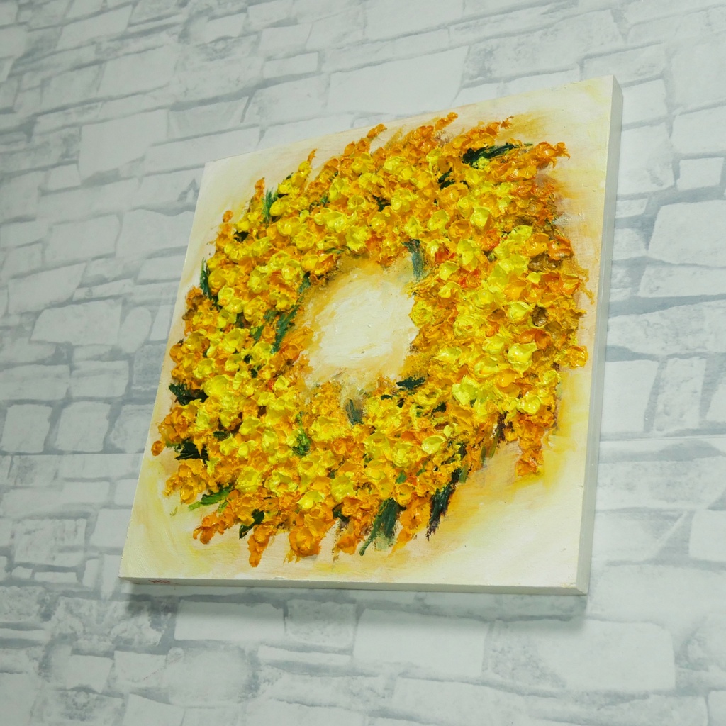 油絵 原画「黄金の記憶、光の輪」ミモザ リース 絵画 花 インテリアアート