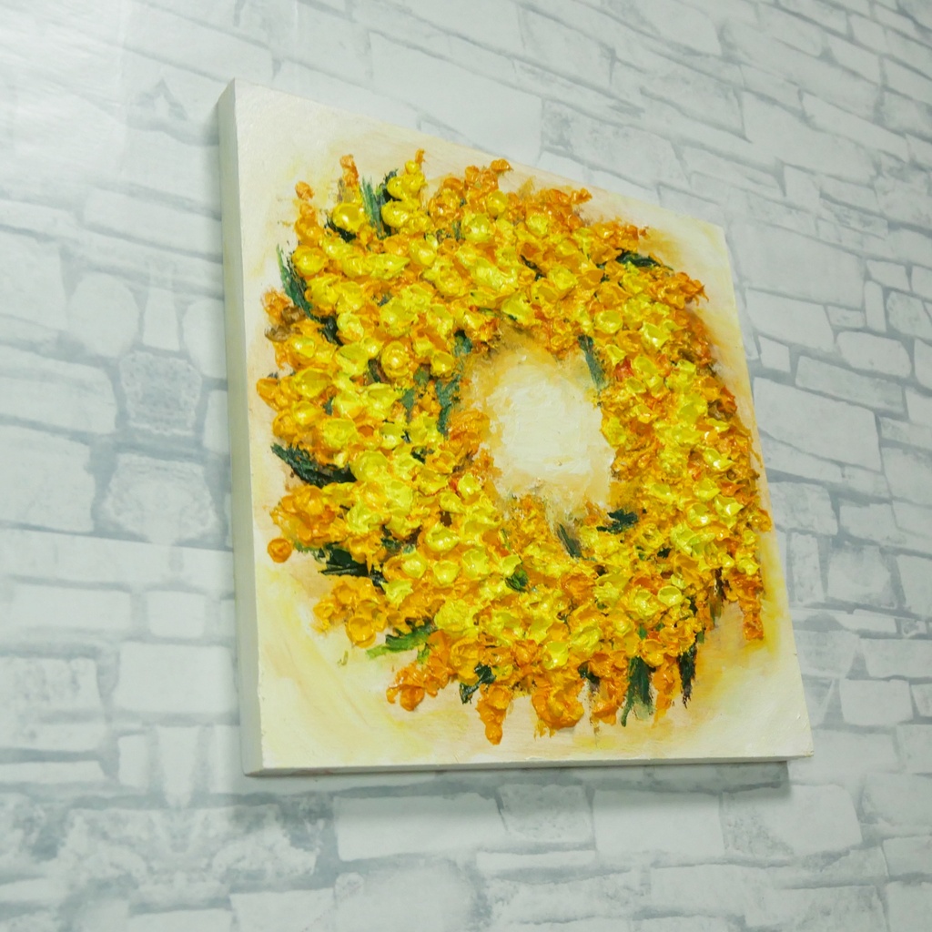 油絵 原画「黄金の記憶、光の輪」ミモザ リース 絵画 花 インテリアアート