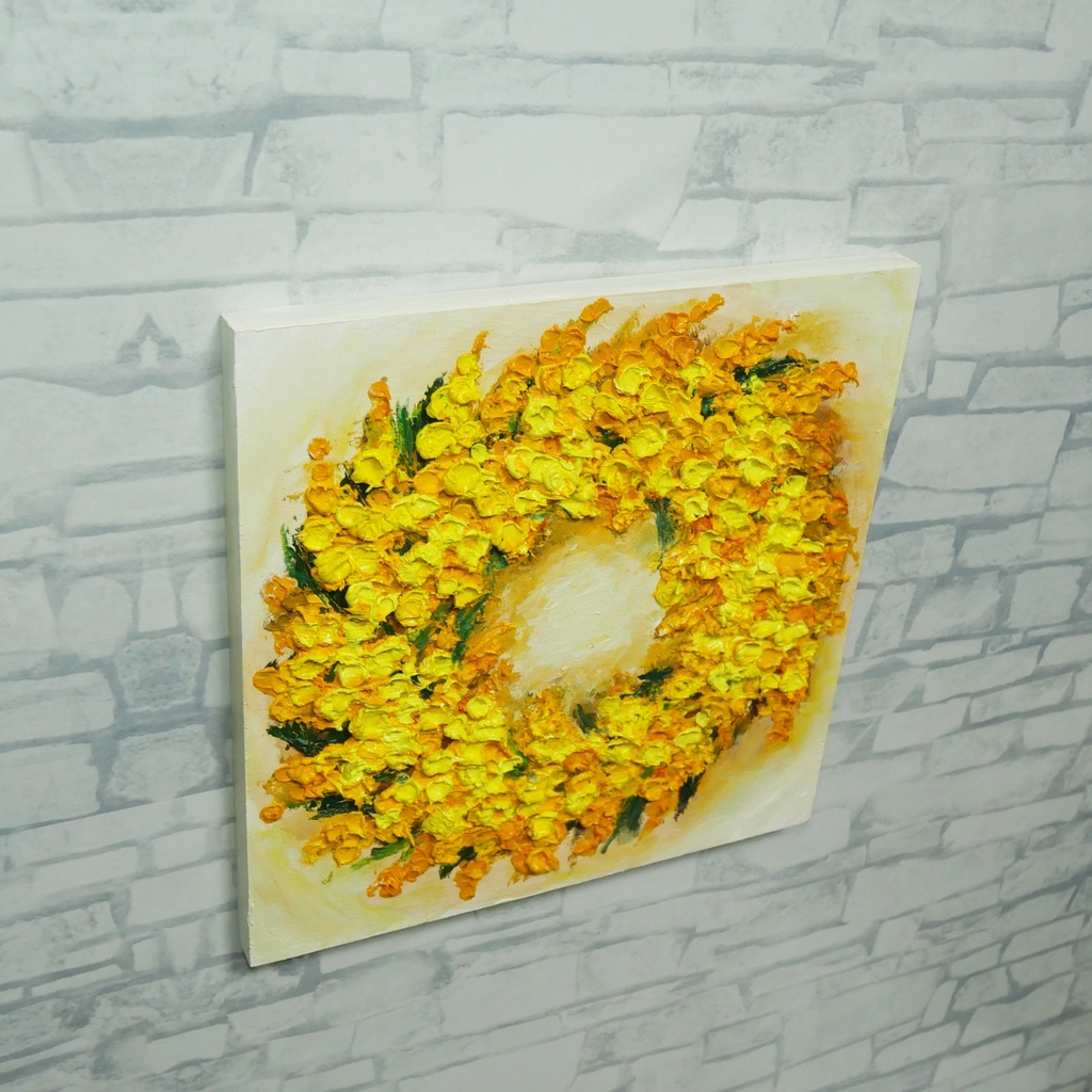 油絵 原画「黄金の記憶、光の輪」ミモザ リース 絵画 花 インテリアアート