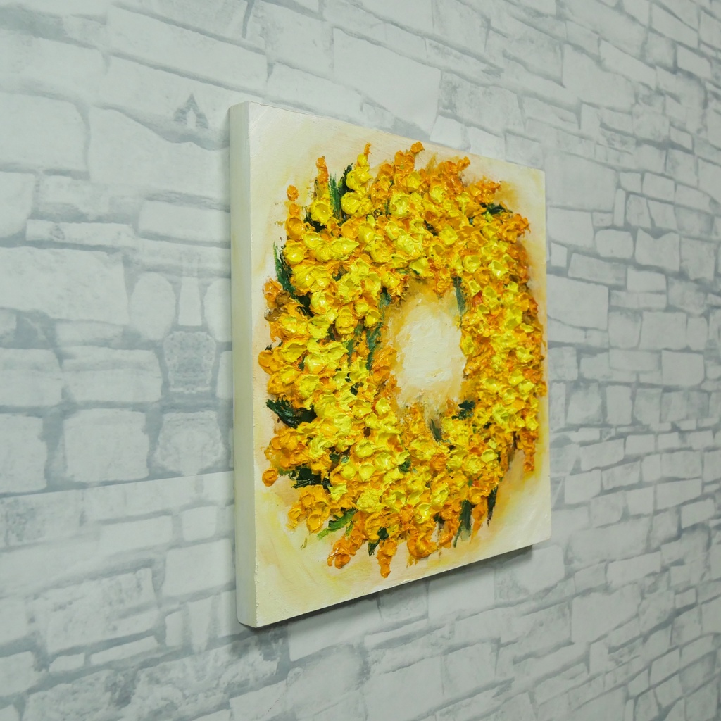 油絵 原画「黄金の記憶、光の輪」ミモザ リース 絵画 花 インテリアアート