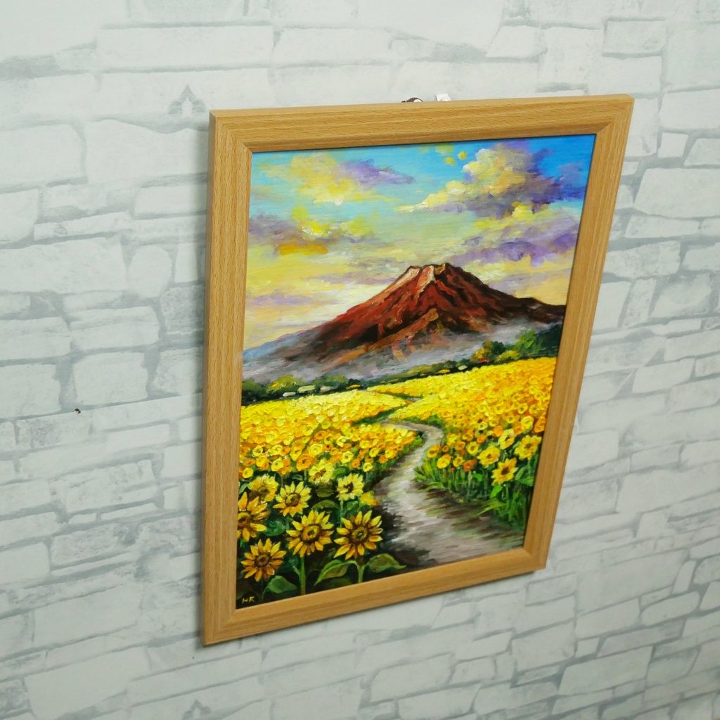 【油絵・原画】黄金の道と赤富士(額縁セット)開運・風水・風景画アート