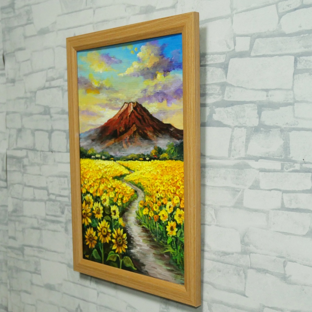【油絵・原画】黄金の道と赤富士(額縁セット)開運・風水・風景画アート