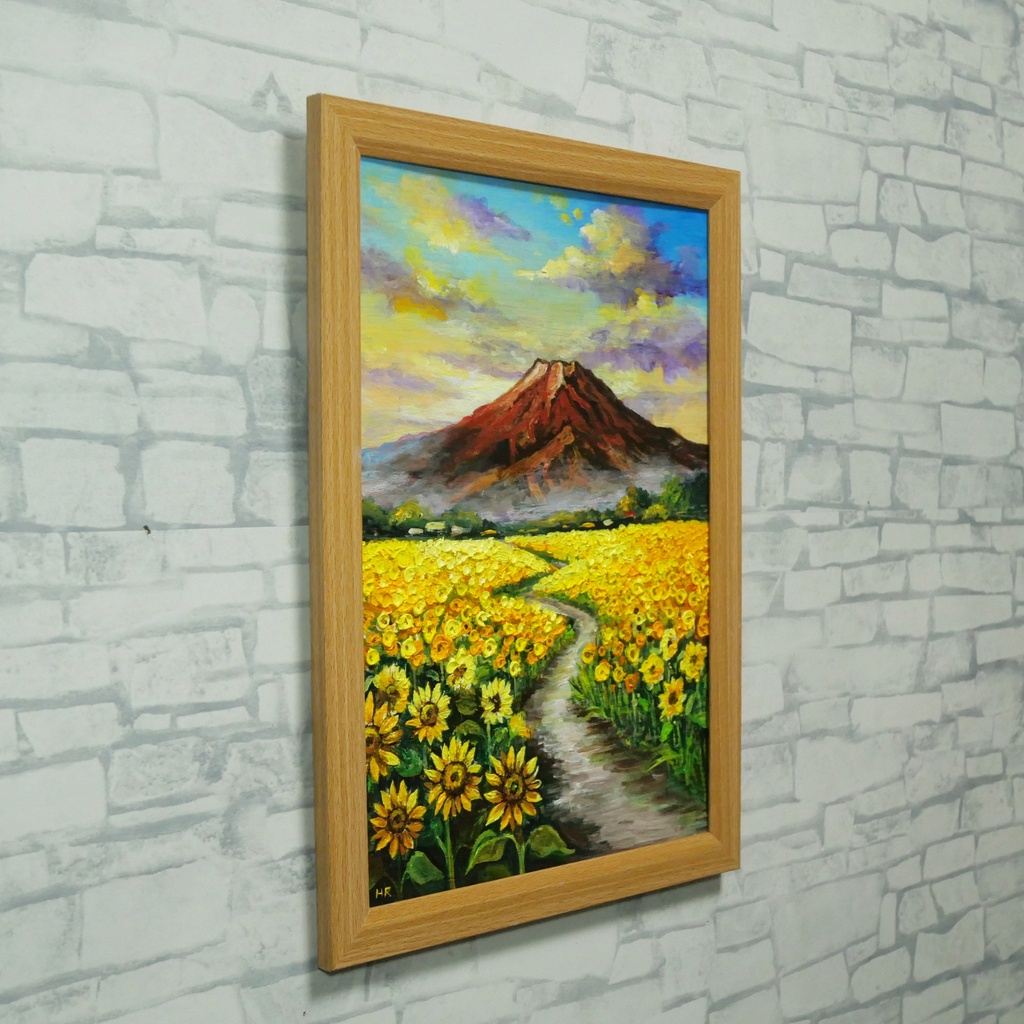 【油絵・原画】黄金の道と赤富士(額縁セット)開運・風水・風景画アート