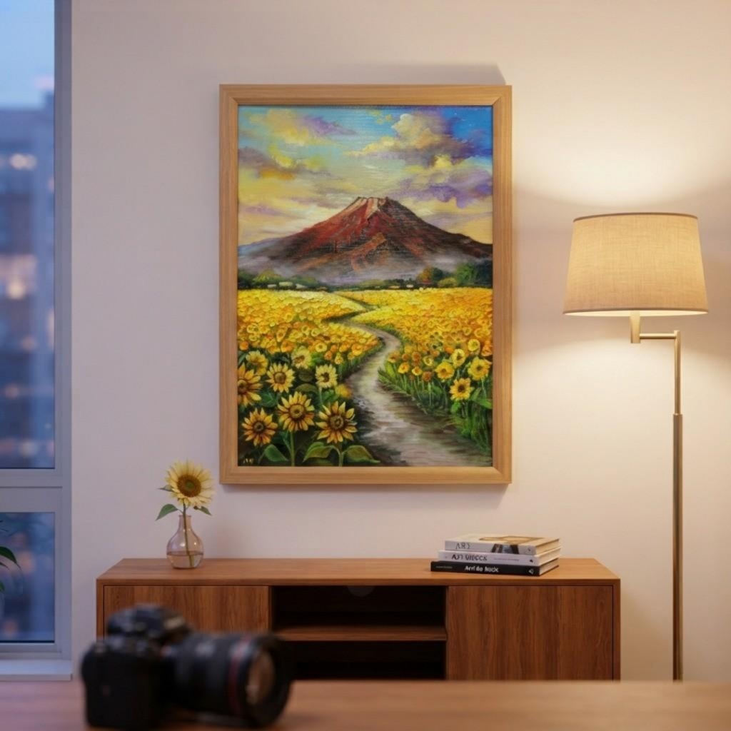 【油絵・原画】黄金の道と赤富士(額縁セット)開運・風水・風景画アート