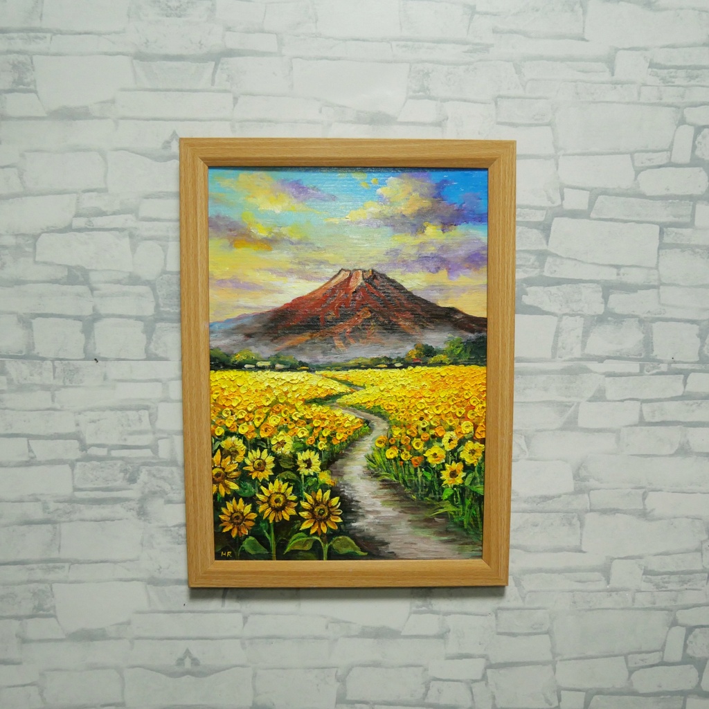 【油絵・原画】黄金の道と赤富士(額縁セット)開運・風水・風景画アート