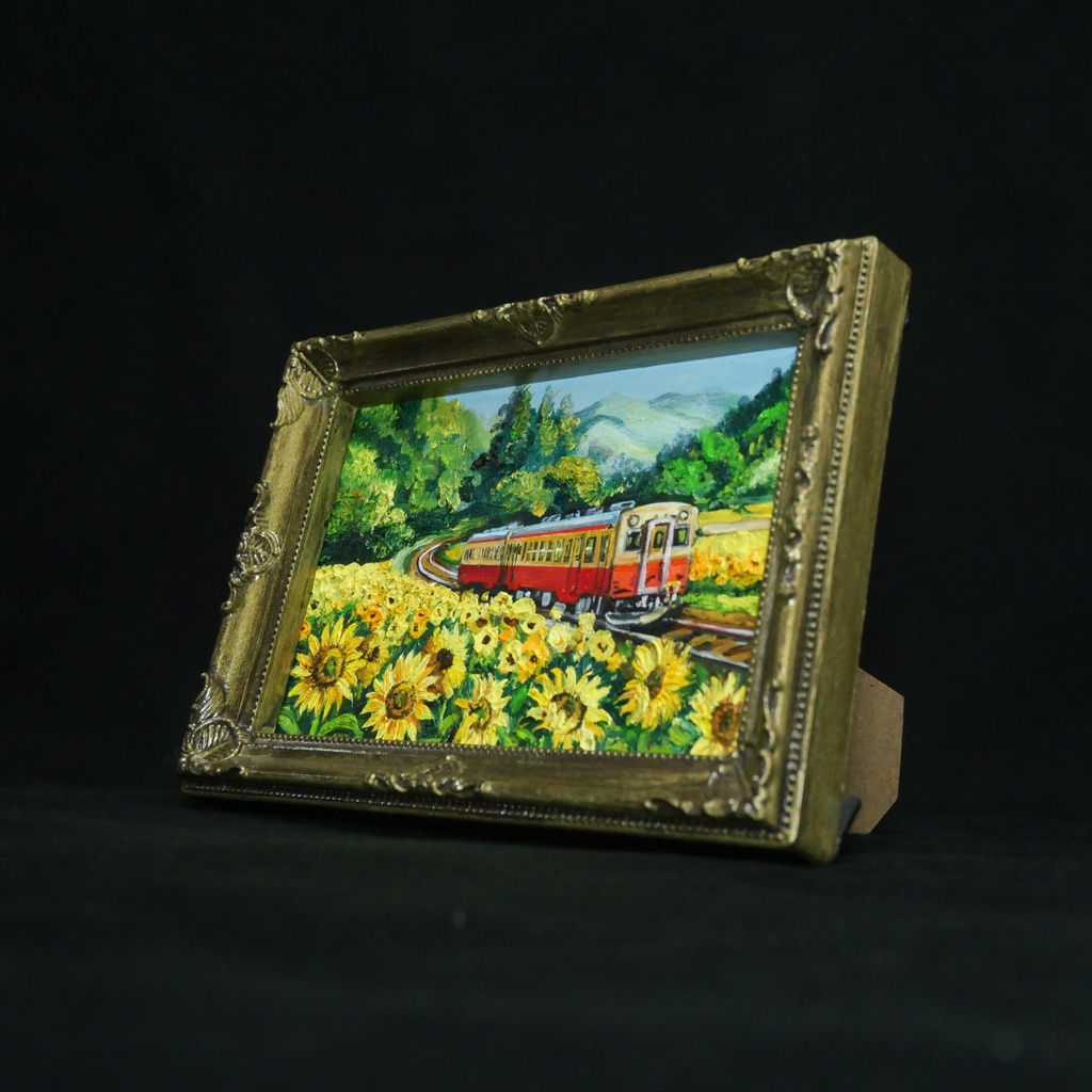 【原画】油彩画「陽だまりの特急便」ひまわり畑と電車のミニアート 風景画 夏