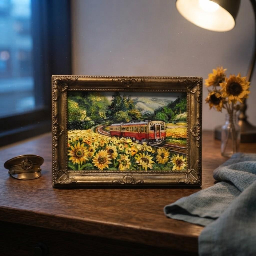 【原画】油彩画「陽だまりの特急便」ひまわり畑と電車のミニアート 風景画 夏
