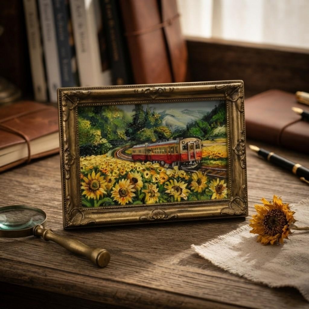 【原画】油彩画「陽だまりの特急便」ひまわり畑と電車のミニアート 風景画 夏
