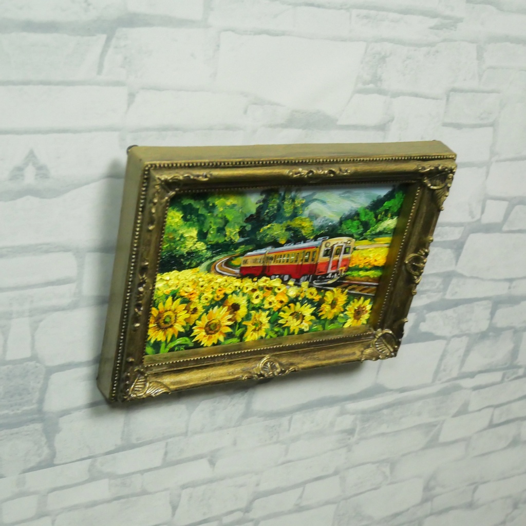 【原画】油彩画「陽だまりの特急便」ひまわり畑と電車のミニアート 風景画 夏