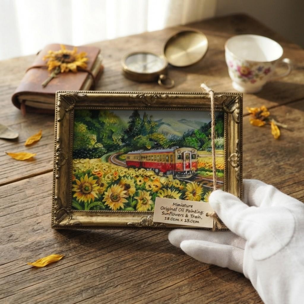 【原画】油彩画「陽だまりの特急便」ひまわり畑と電車のミニアート 風景画 夏