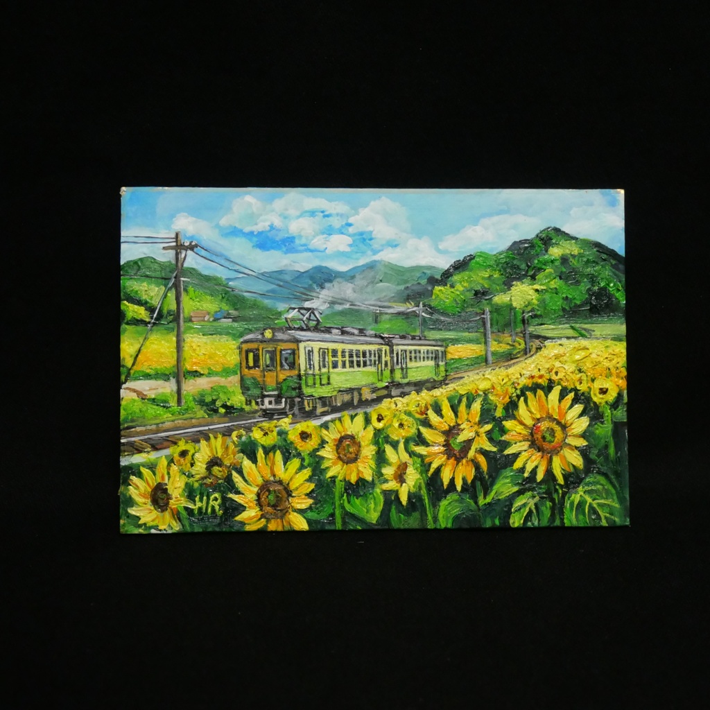 【油絵・原画】夏色の車窓から - ひまわり畑を走るレトロ電車 - ミニ絵画(額縁付き)
