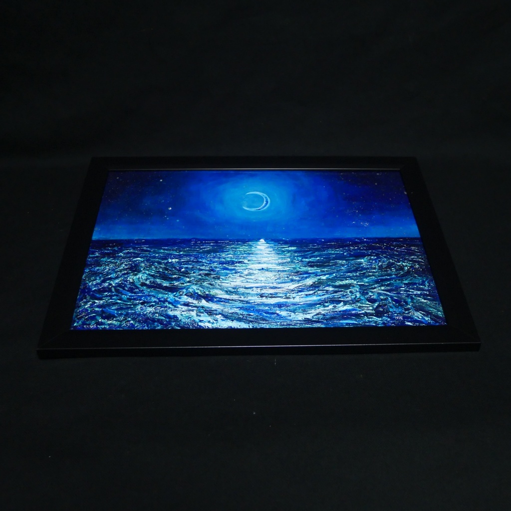 【油彩画 原画】「紺碧のセレナーデ」三日月と夏の夜海 A4サイズ・黒額縁付きアート【一点物】