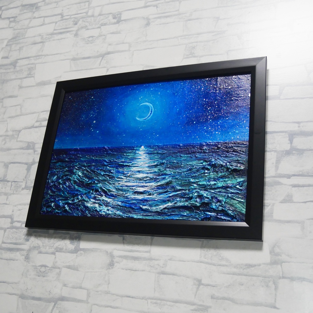 【油彩画 原画】「紺碧のセレナーデ」三日月と夏の夜海 A4サイズ・黒額縁付きアート【一点物】