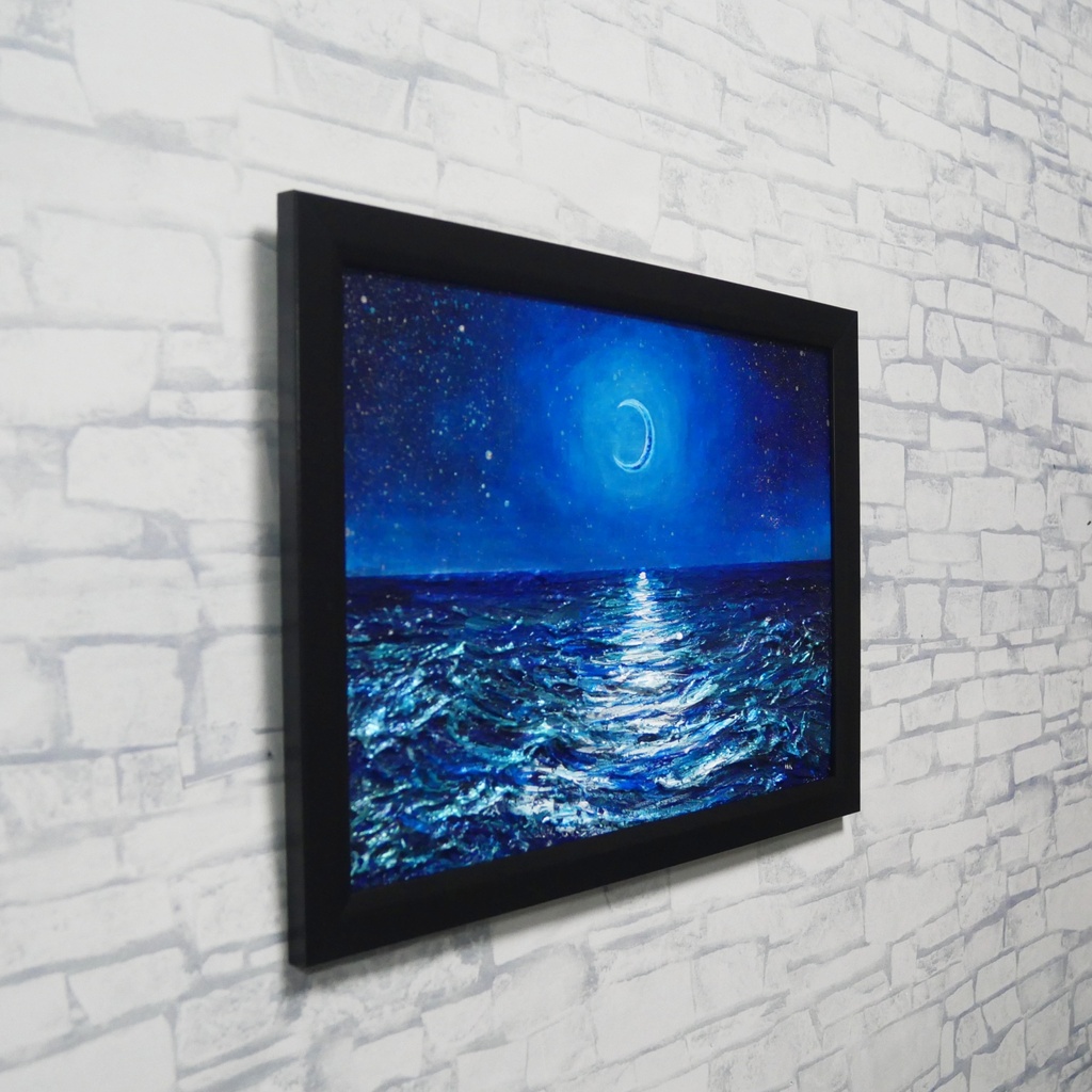 【油彩画 原画】「紺碧のセレナーデ」三日月と夏の夜海 A4サイズ・黒額縁付きアート【一点物】