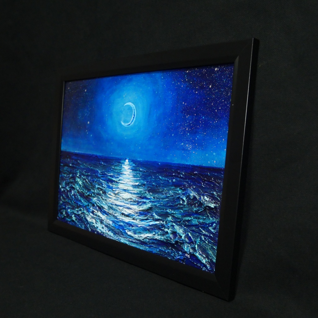 【油彩画 原画】「紺碧のセレナーデ」三日月と夏の夜海 A4サイズ・黒額縁付きアート【一点物】