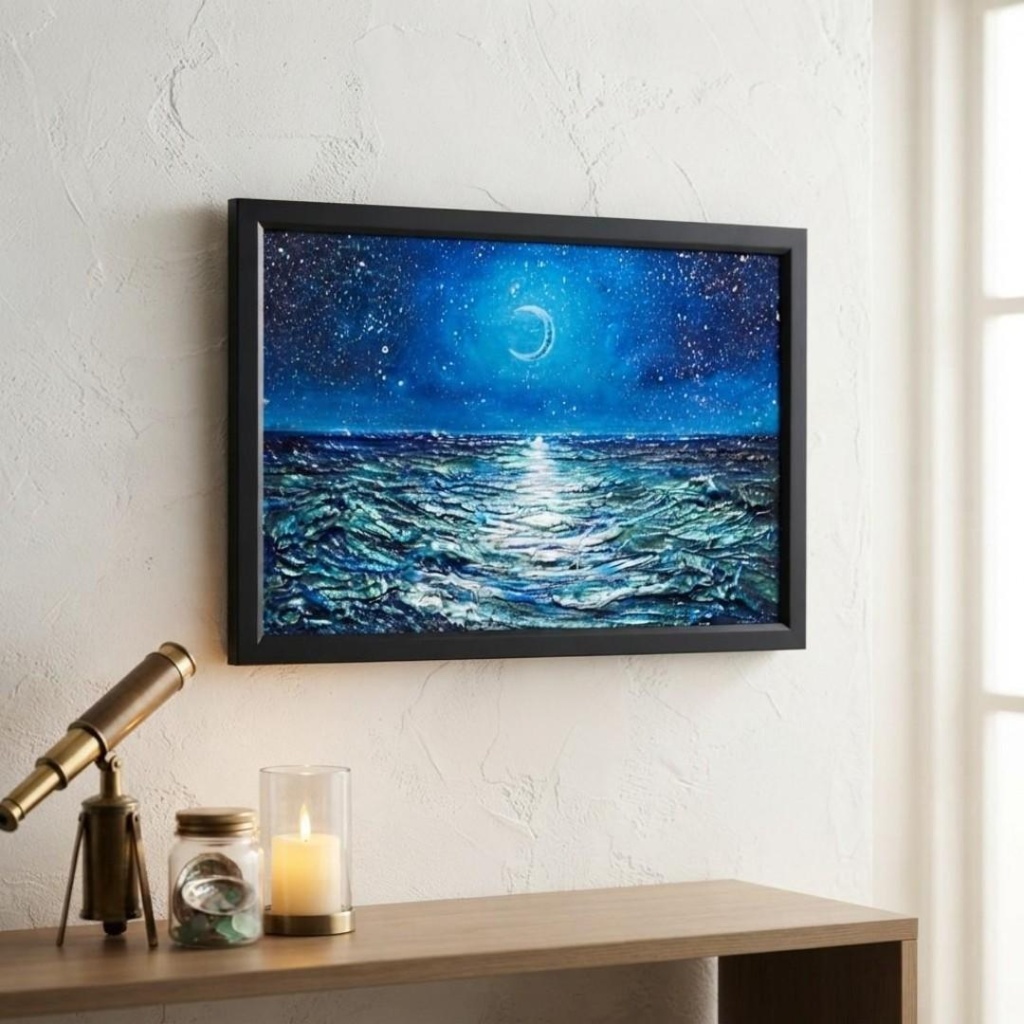 【油彩画 原画】「紺碧のセレナーデ」三日月と夏の夜海 A4サイズ・黒額縁付きアート【一点物】