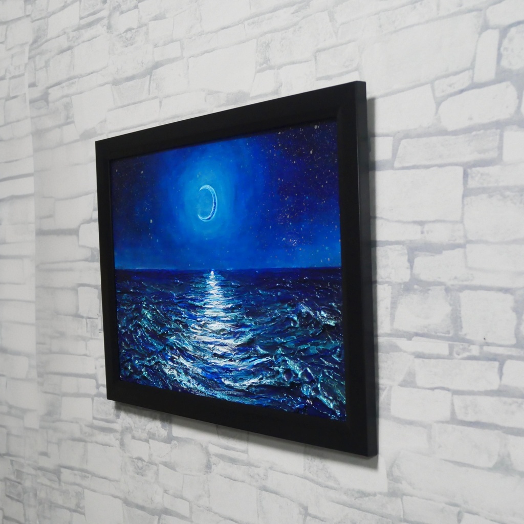 【油彩画 原画】「紺碧のセレナーデ」三日月と夏の夜海 A4サイズ・黒額縁付きアート【一点物】