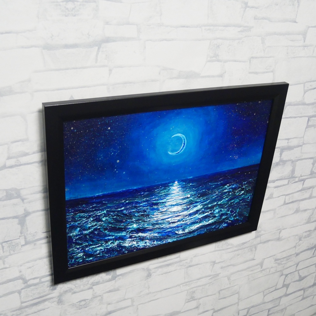 【油彩画 原画】「紺碧のセレナーデ」三日月と夏の夜海 A4サイズ・黒額縁付きアート【一点物】