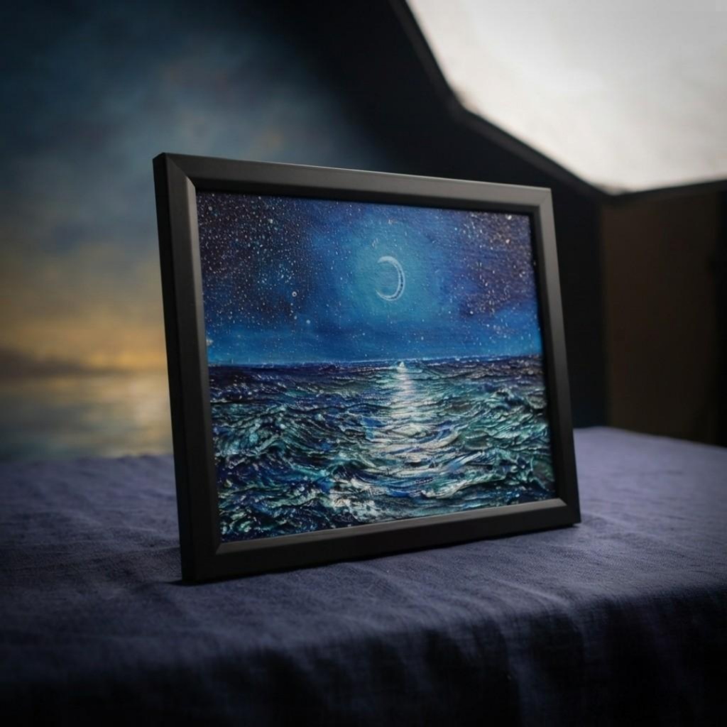 【油彩画 原画】「紺碧のセレナーデ」三日月と夏の夜海 A4サイズ・黒額縁付きアート【一点物】