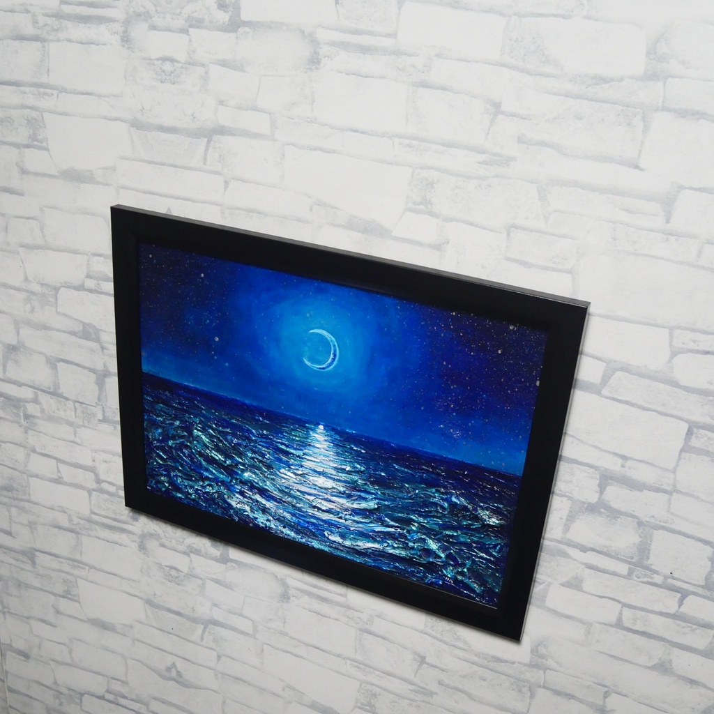 【油彩画 原画】「紺碧のセレナーデ」三日月と夏の夜海 A4サイズ・黒額縁付きアート【一点物】
