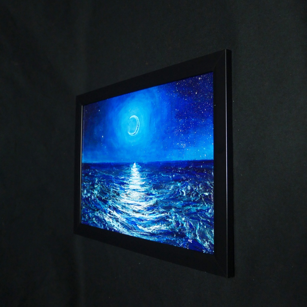 【油彩画 原画】「紺碧のセレナーデ」三日月と夏の夜海 A4サイズ・黒額縁付きアート【一点物】