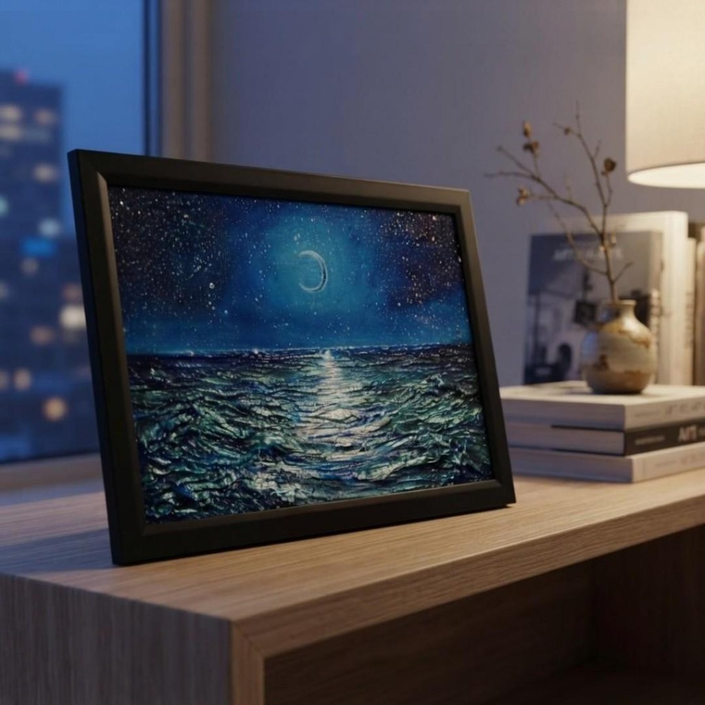 【油彩画 原画】「紺碧のセレナーデ」三日月と夏の夜海 A4サイズ・黒額縁付きアート【一点物】