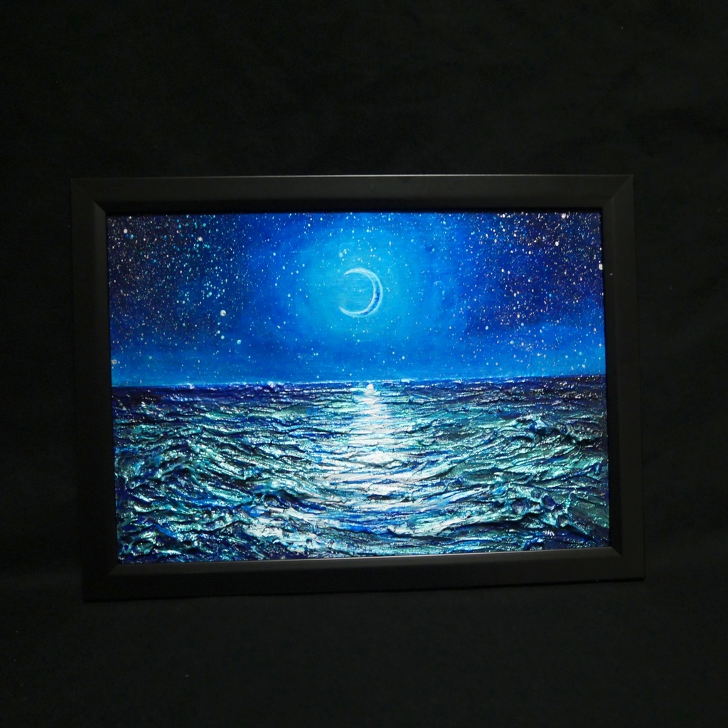 【油彩画 原画】「紺碧のセレナーデ」三日月と夏の夜海 A4サイズ・黒額縁付きアート【一点物】
