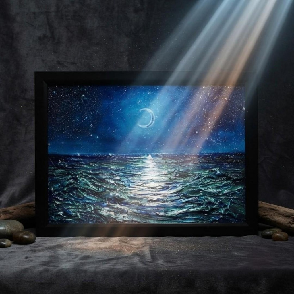 【油彩画 原画】「紺碧のセレナーデ」三日月と夏の夜海 A4サイズ・黒額縁付きアート【一点物】
