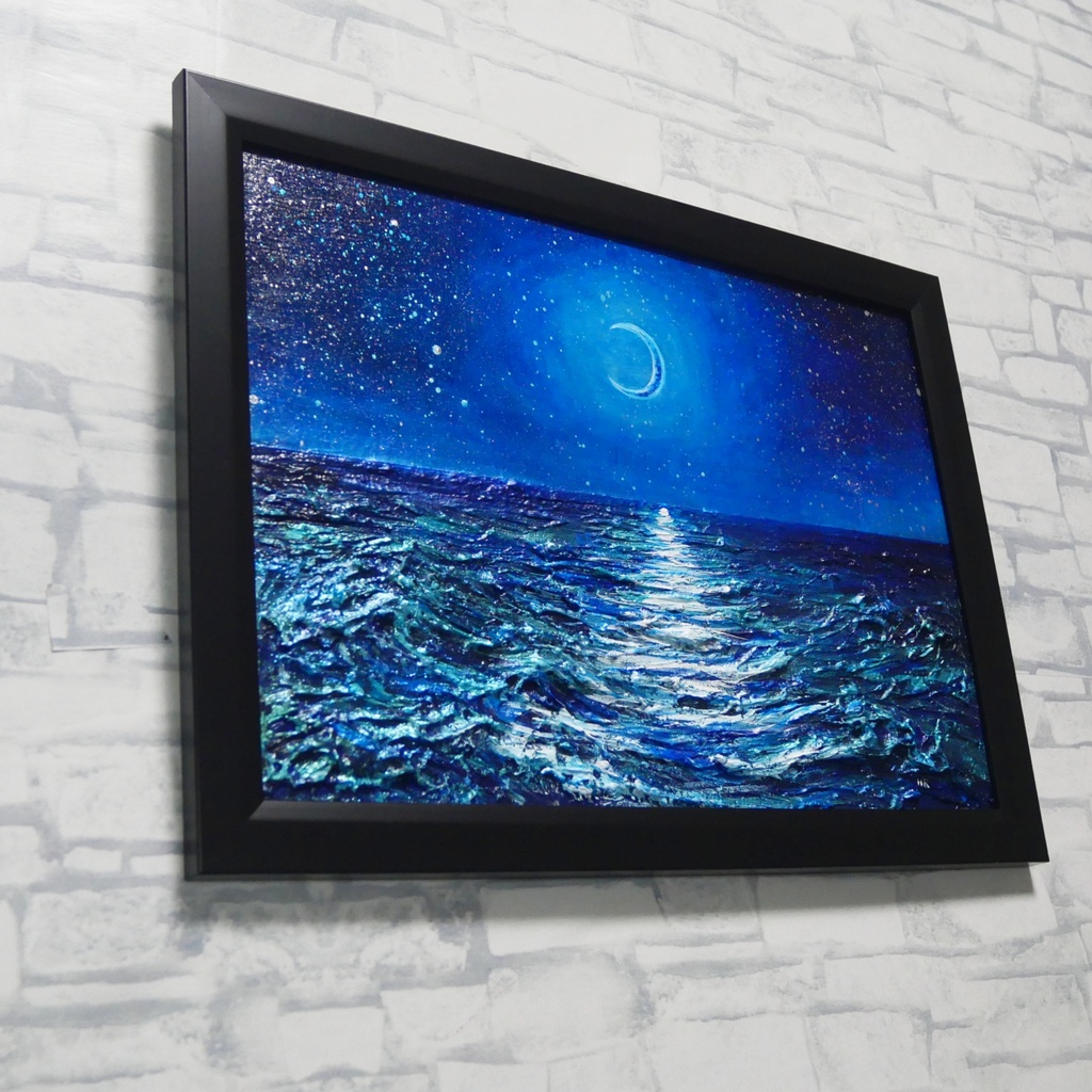 【油彩画 原画】「紺碧のセレナーデ」三日月と夏の夜海 A4サイズ・黒額縁付きアート【一点物】