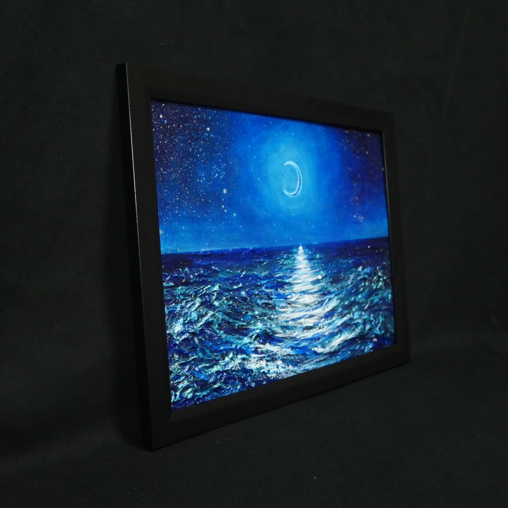 【油彩画 原画】「紺碧のセレナーデ」三日月と夏の夜海 A4サイズ・黒額縁付きアート【一点物】