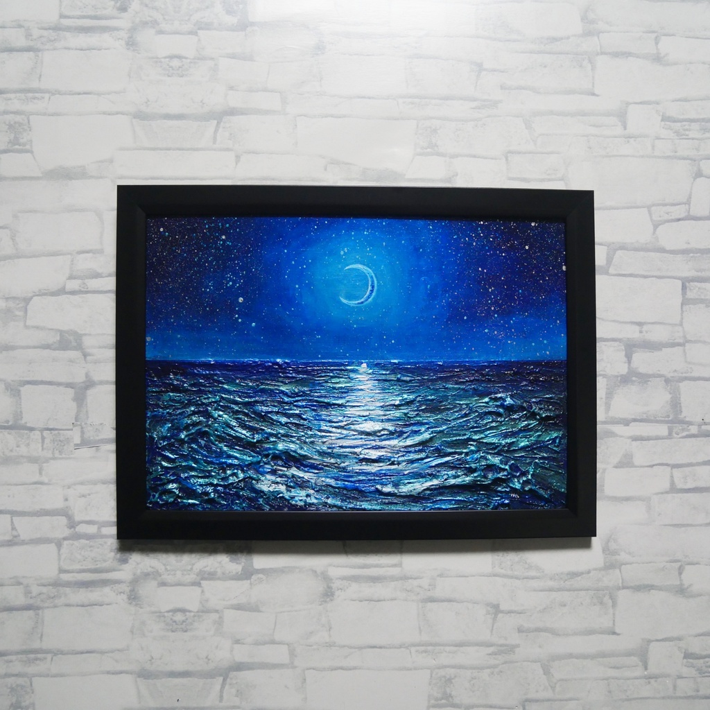 【油彩画 原画】「紺碧のセレナーデ」三日月と夏の夜海 A4サイズ・黒額縁付きアート【一点物】