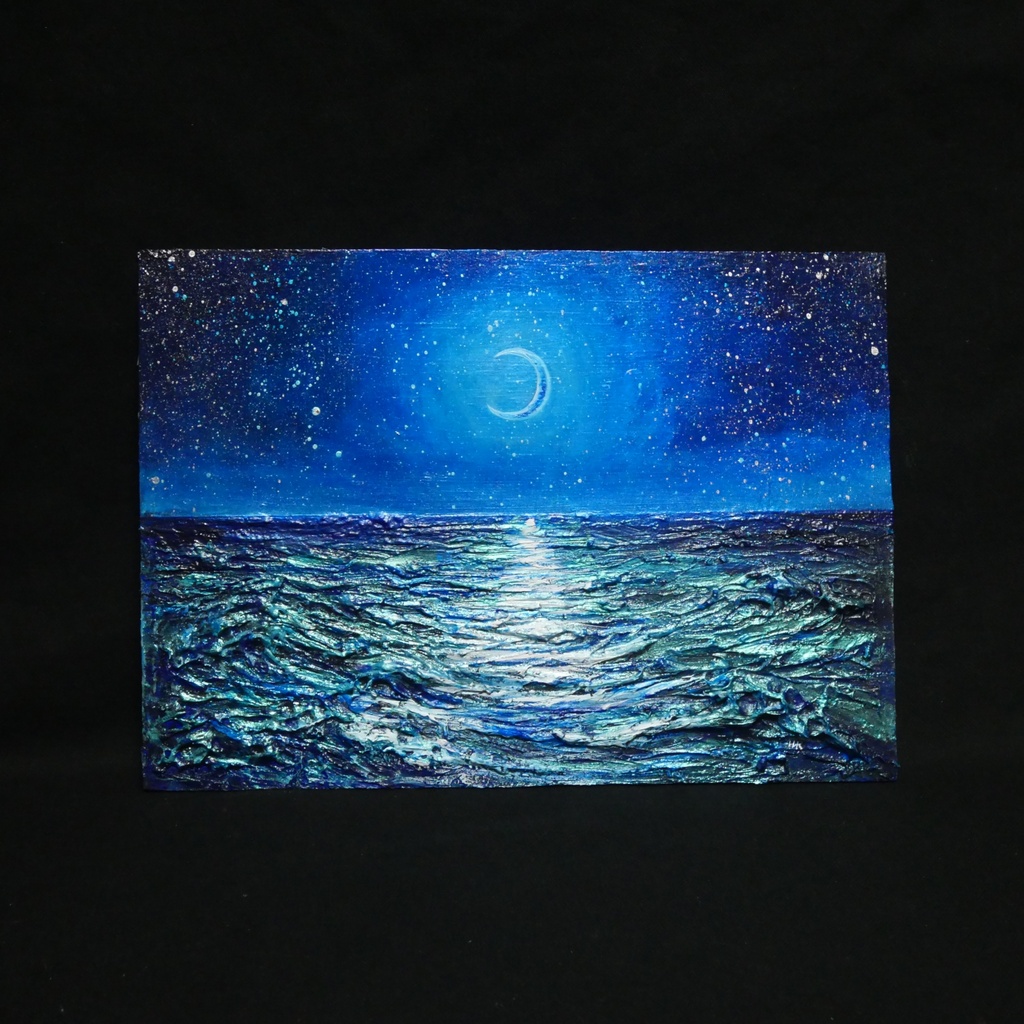 【油彩画 原画】「紺碧のセレナーデ」三日月と夏の夜海 A4サイズ・黒額縁付きアート【一点物】