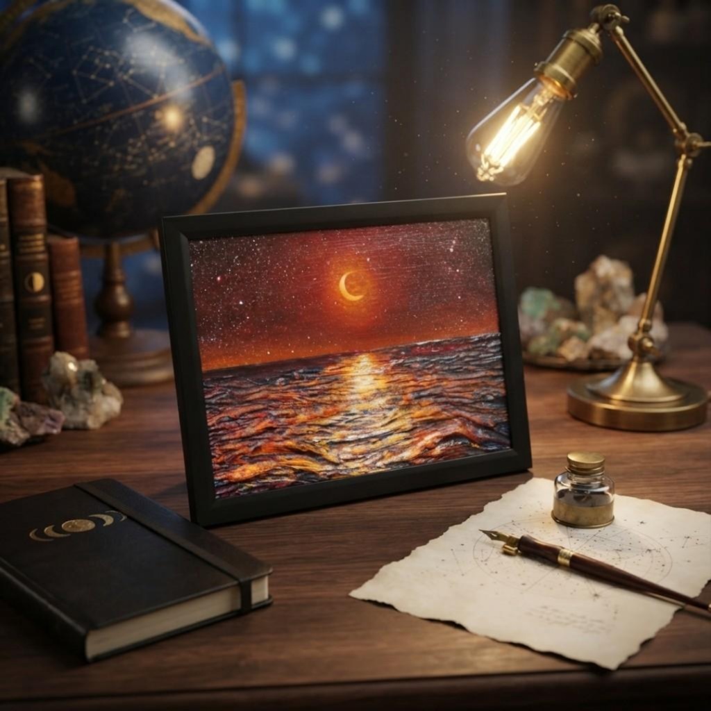 【原画油絵】琥珀色の夜に溶ける月【A4黒額縁付き/夏の幻想アート】