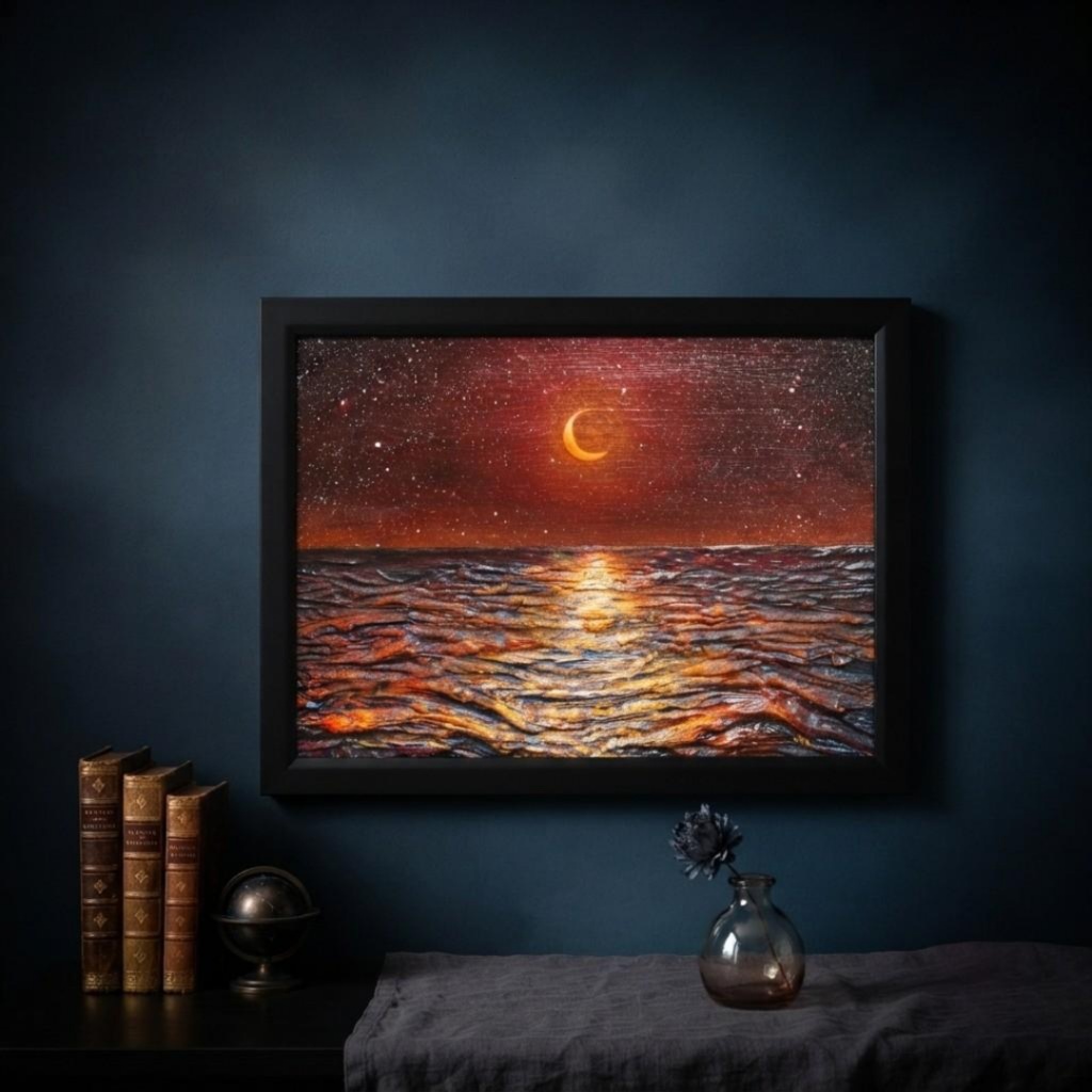【原画油絵】琥珀色の夜に溶ける月【A4黒額縁付き/夏の幻想アート】