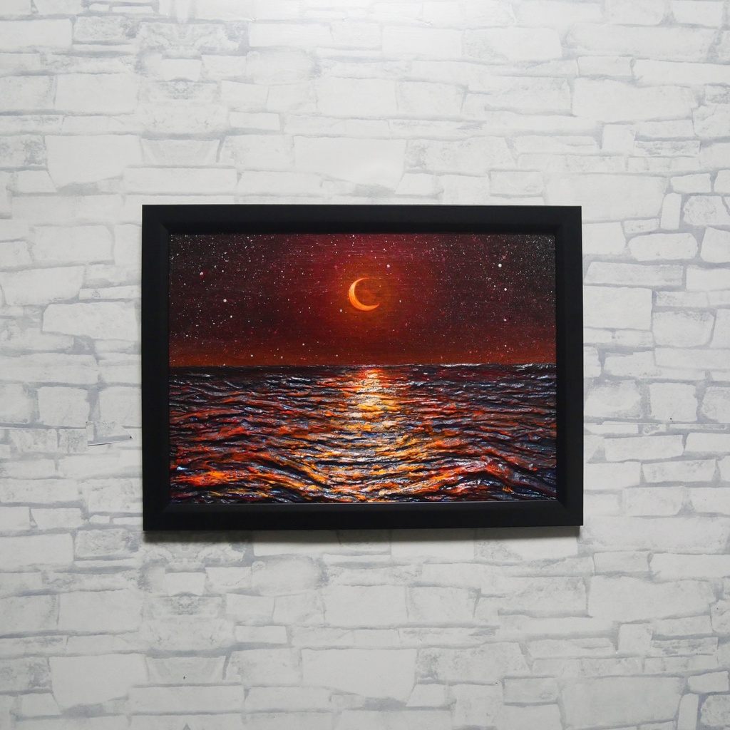 【原画油絵】琥珀色の夜に溶ける月【A4黒額縁付き/夏の幻想アート】