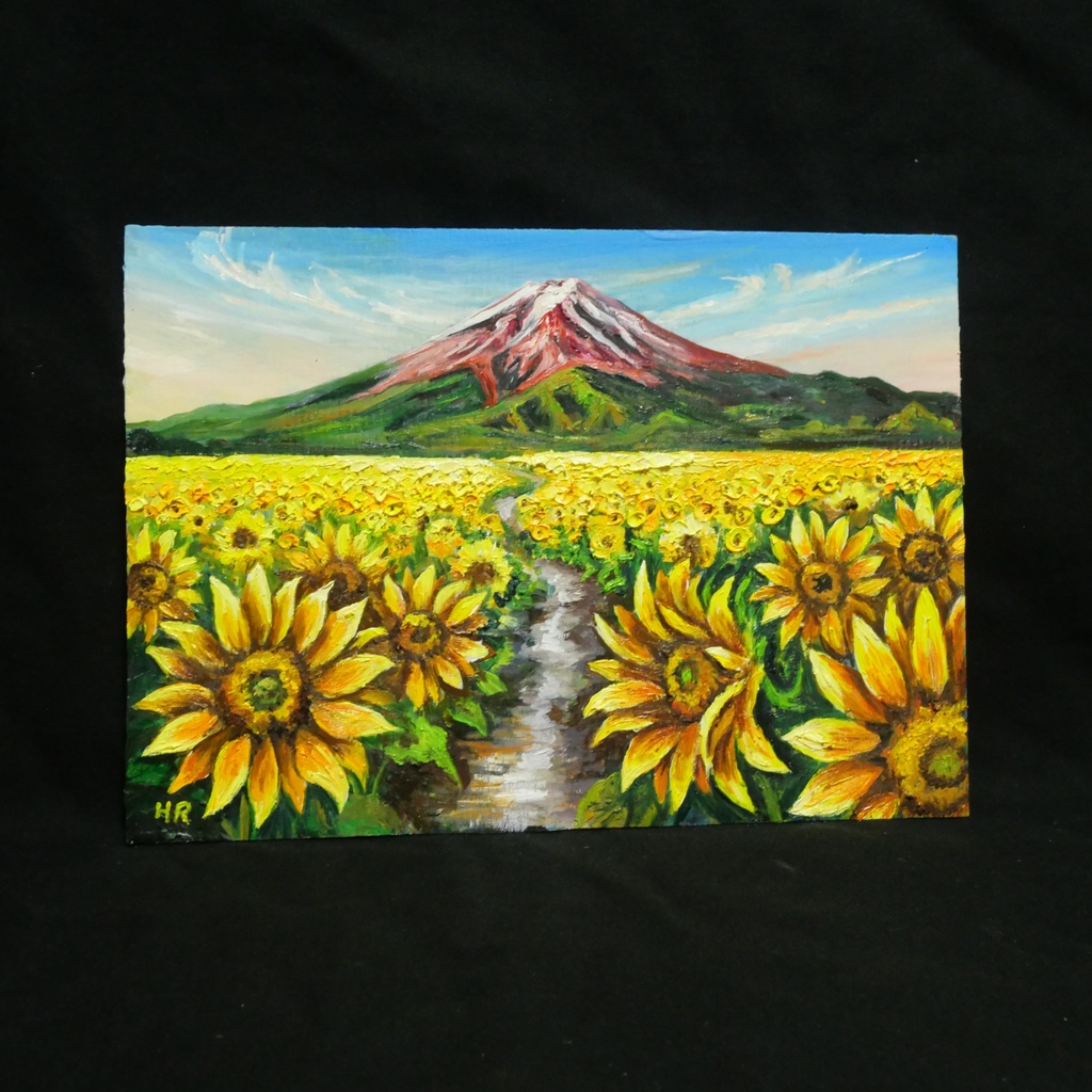 【原画/額縁付き】油絵・A4サイズ『富士へと続く黄金の道』ひまわりと富士山の風景画・開運風水インテリア