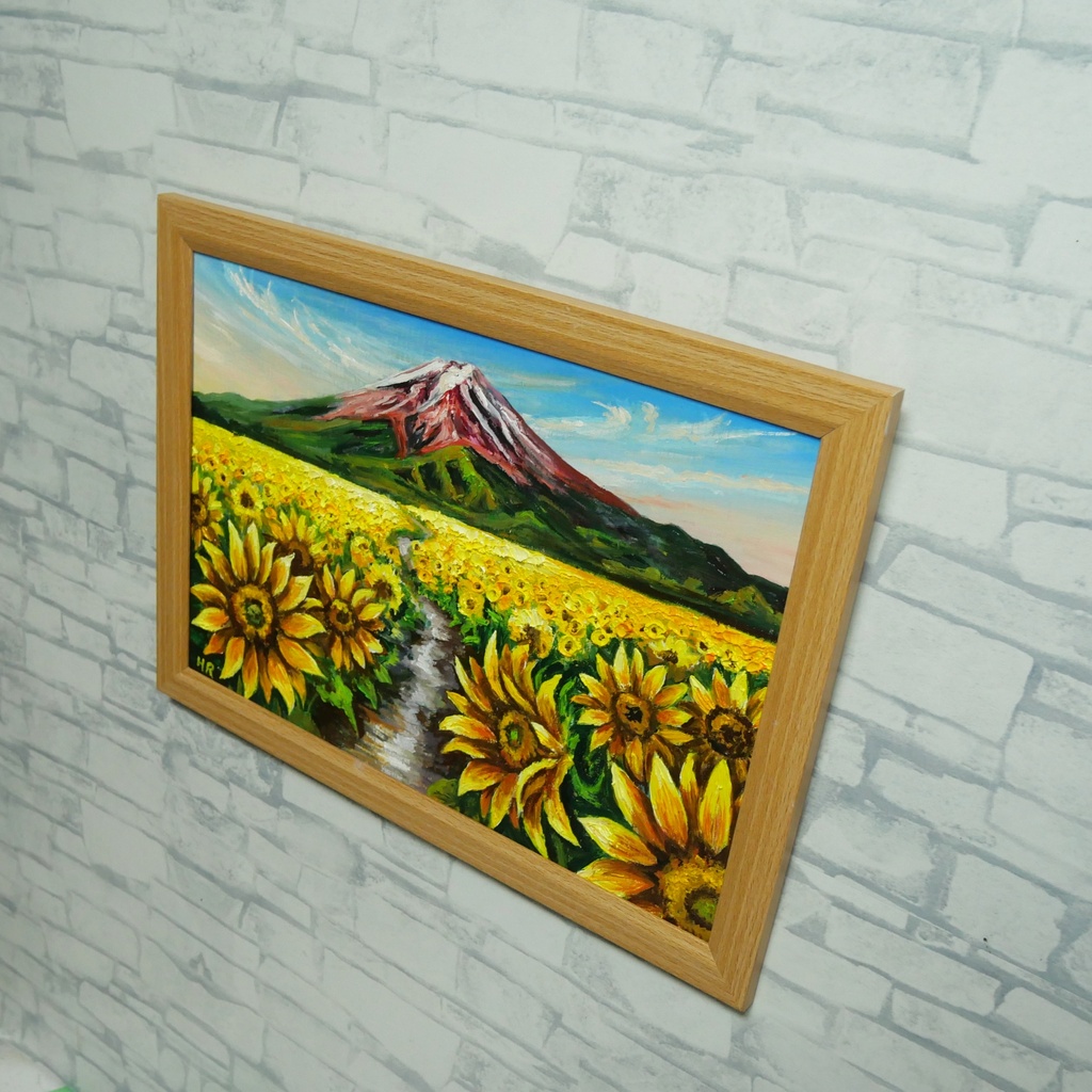 【原画/額縁付き】油絵・A4サイズ『富士へと続く黄金の道』ひまわりと富士山の風景画・開運風水インテリア