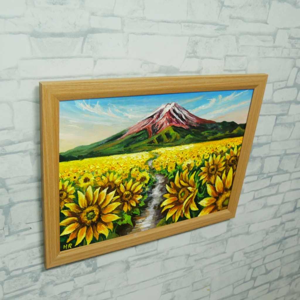 【原画/額縁付き】油絵・A4サイズ『富士へと続く黄金の道』ひまわりと富士山の風景画・開運風水インテリア