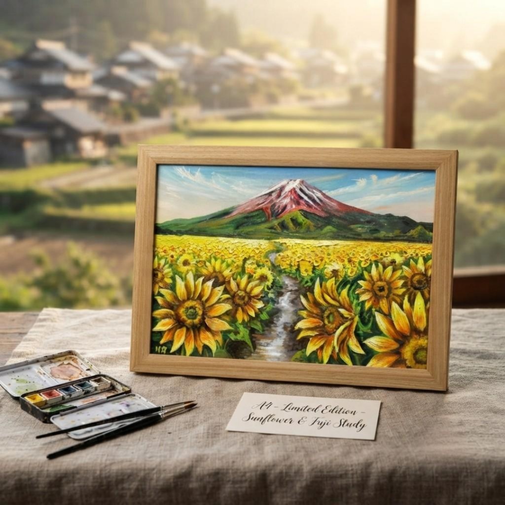 【原画/額縁付き】油絵・A4サイズ『富士へと続く黄金の道』ひまわりと富士山の風景画・開運風水インテリア