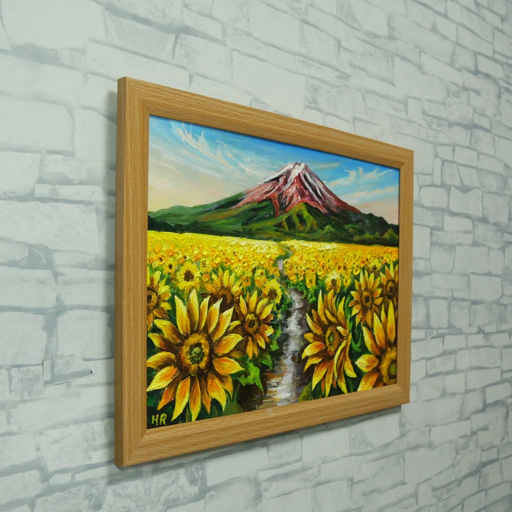【原画/額縁付き】油絵・A4サイズ『富士へと続く黄金の道』ひまわりと富士山の風景画・開運風水インテリア